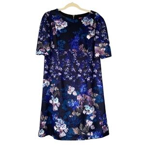 Betsey Johnson‎ blue abstract floral print short sleeve dress. Size 14